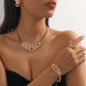 Bold Necklace Statement Earrings Bracelet Ring 5pc Set Rhinestone Weave Trendy